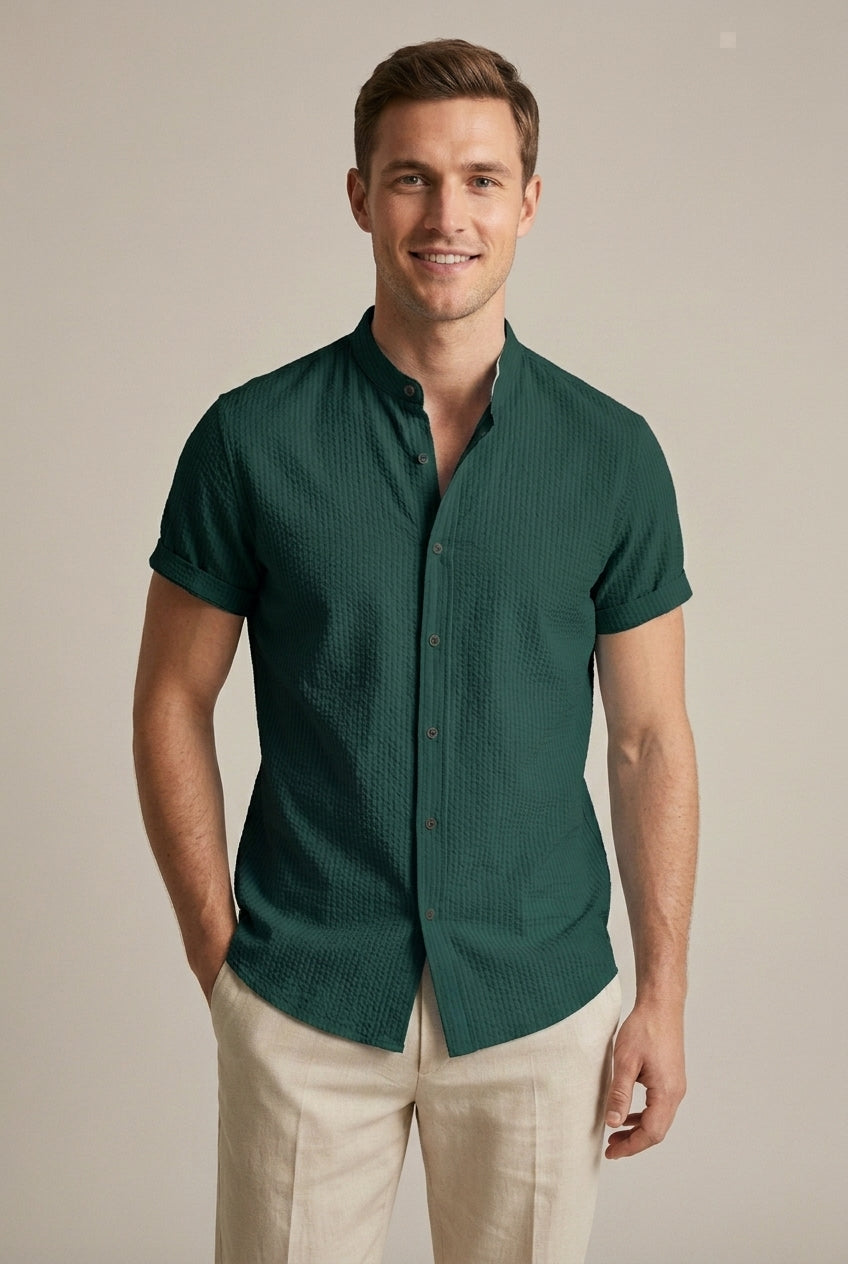 Comfortable men's loose fit light blue seersucker short sleeve shirt, band collar, perfect for summer fashion.