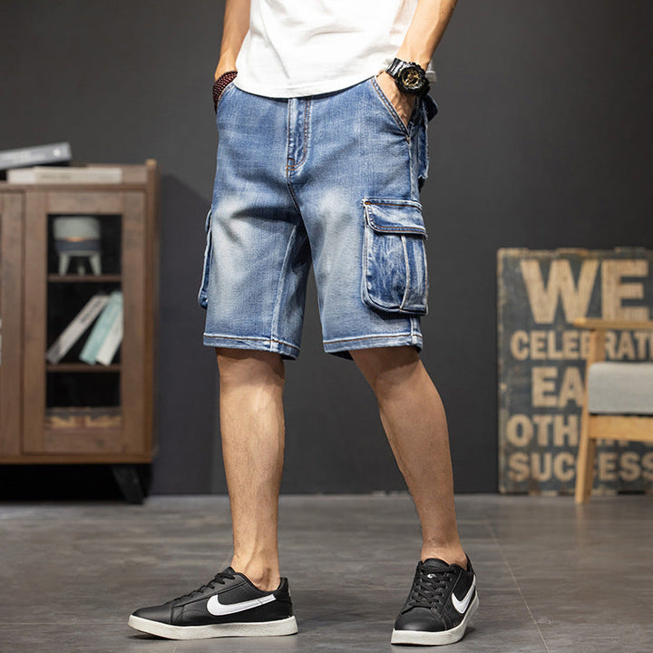 Men's light wash casual cargo shorts with multiple convenient flap pockets, ideal for summer everyday wear.