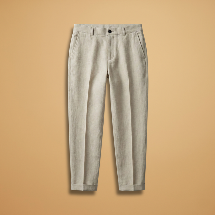 Men's lightweight beige linen blend summer trousers, regular fit casual pants.