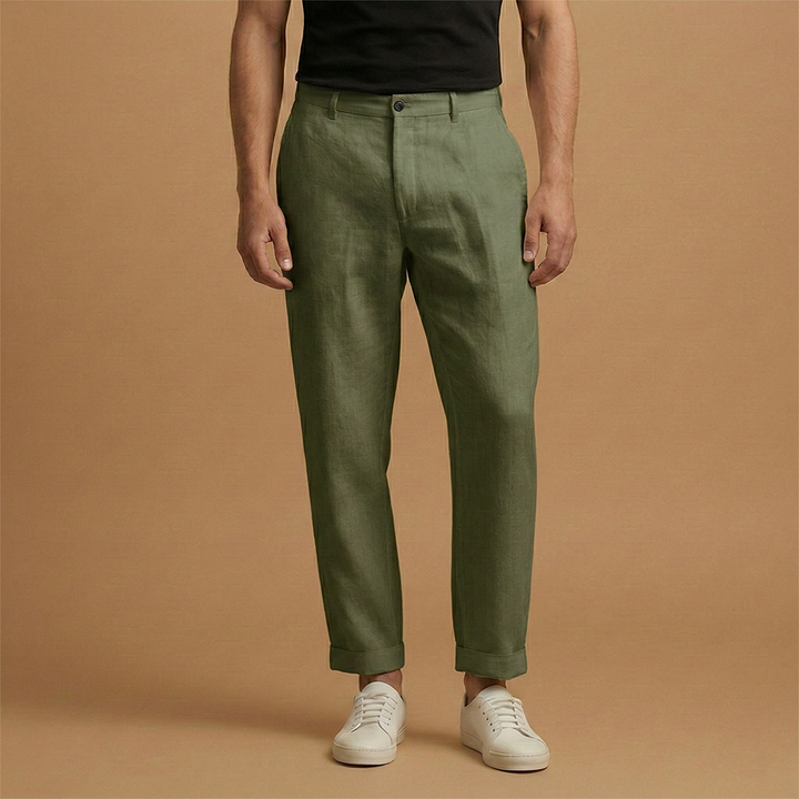 Classic men's black linen blend regular fit trousers for warm weather style.