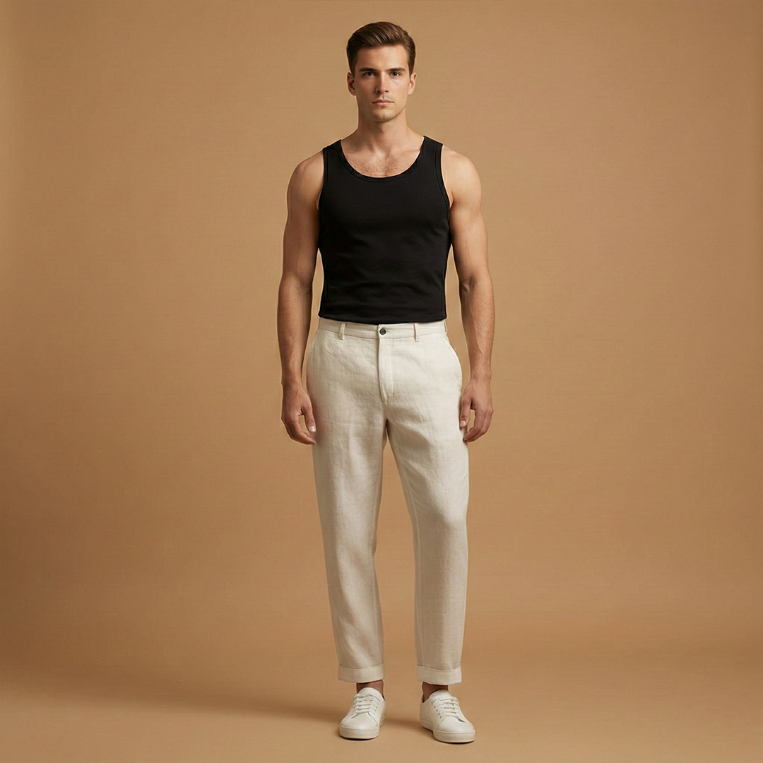 Stylish men's black linen blend trousers, perfect for warm weather casual wear.
