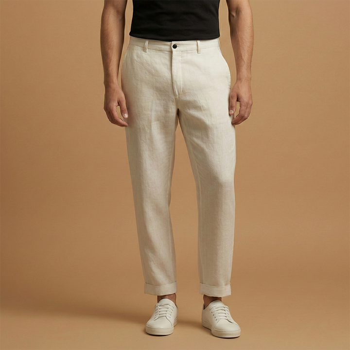 Breathable men's white linen blend pants, ideal for summer outings and beach days.
