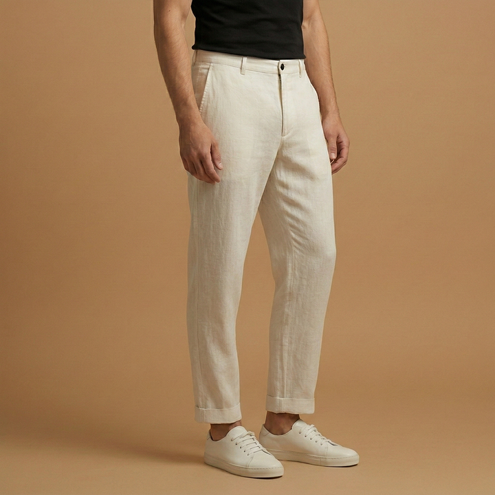 Comfortable men's green linen blend trousers, lightweight and casual for hot days.