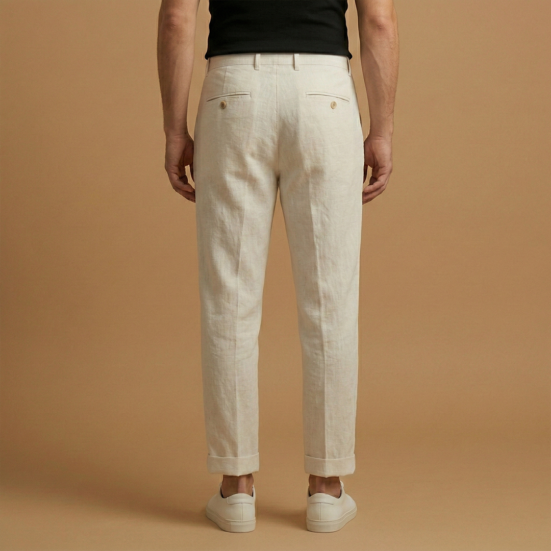 Men's regular fit beige linen blend trousers, essential summer casual wear.