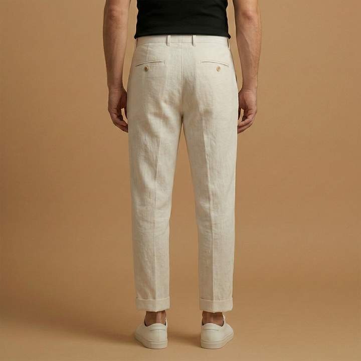 Men's regular fit beige linen blend trousers, essential summer casual wear.