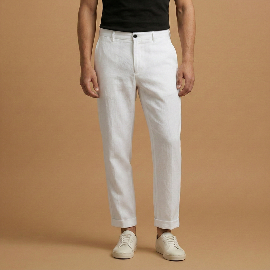 Men's lightweight beige linen trousers, designed for breathable comfort in summer.