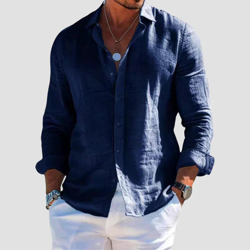 Men's lightweight blue long sleeve button-down shirt, perfect for casual summer comfort & everyday wear.