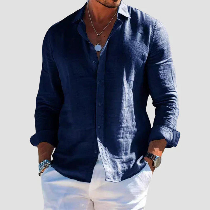 Men's lightweight blue long sleeve button-down shirt, perfect for casual summer comfort & everyday wear.