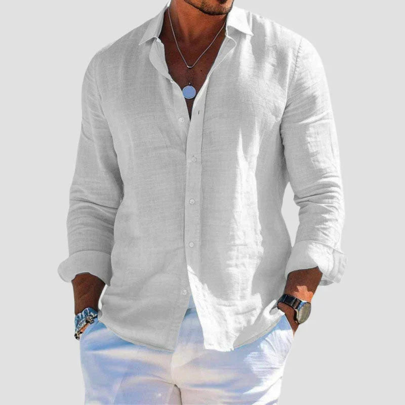 Versatile men's white casual long sleeve button-down shirt, ideal for smart casual style & everyday fashion.