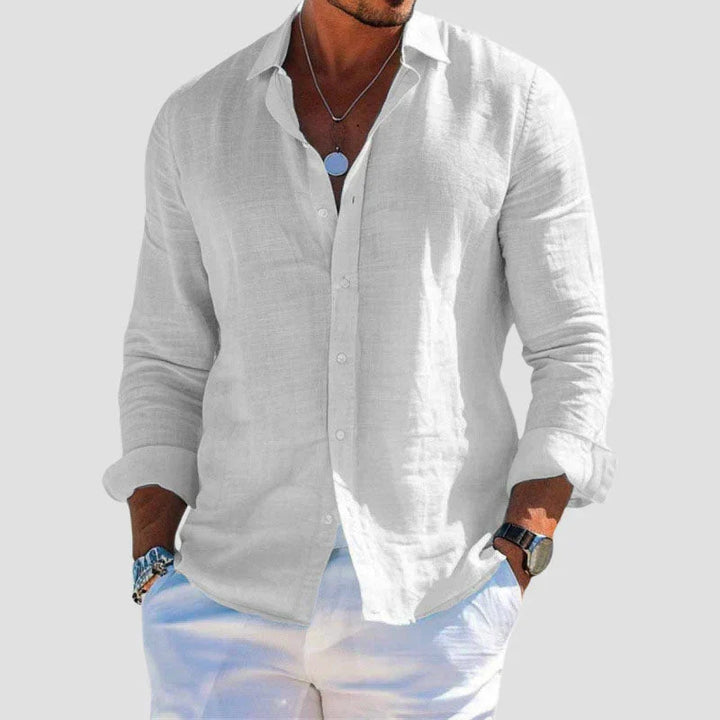 Versatile men's white casual long sleeve button-down shirt, ideal for smart casual style & everyday fashion.