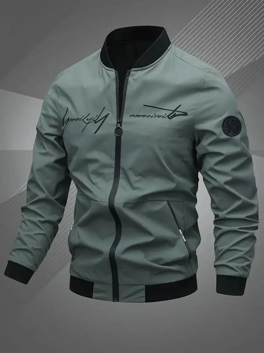 Men's embroidered bomber jacket, sleek zip-up design, perfect for casual style.