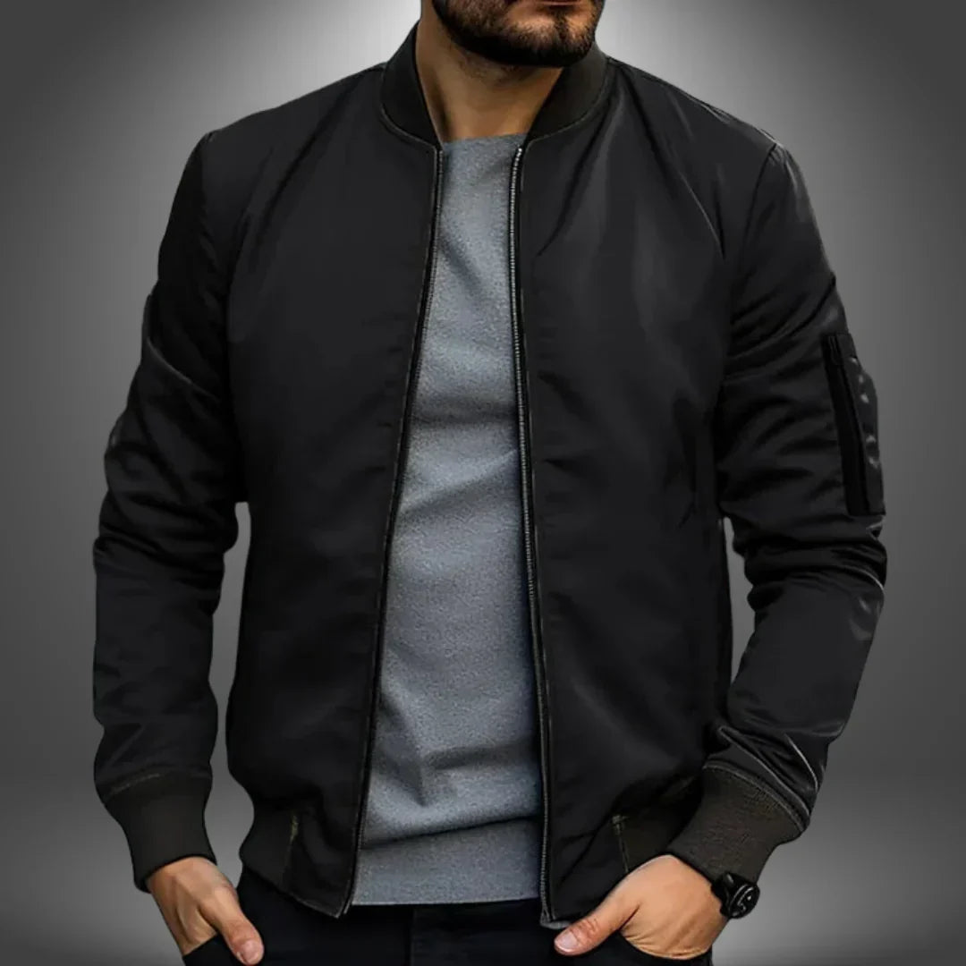 Stylish men's slim-fit bomber jacket, a lightweight windbreaker perfect for transitional everyday fashion.