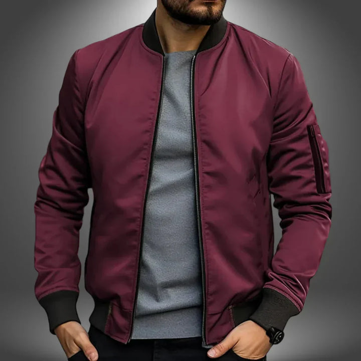 Lightweight men's bomber jacket, a stylish and versatile windbreaker, perfect for casual outerwear fashion.