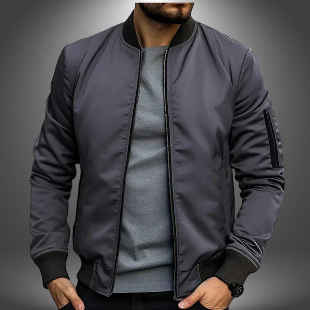 Modern men's bomber jacket with zipper, a slim-fit lightweight windbreaker for casual daily wear.