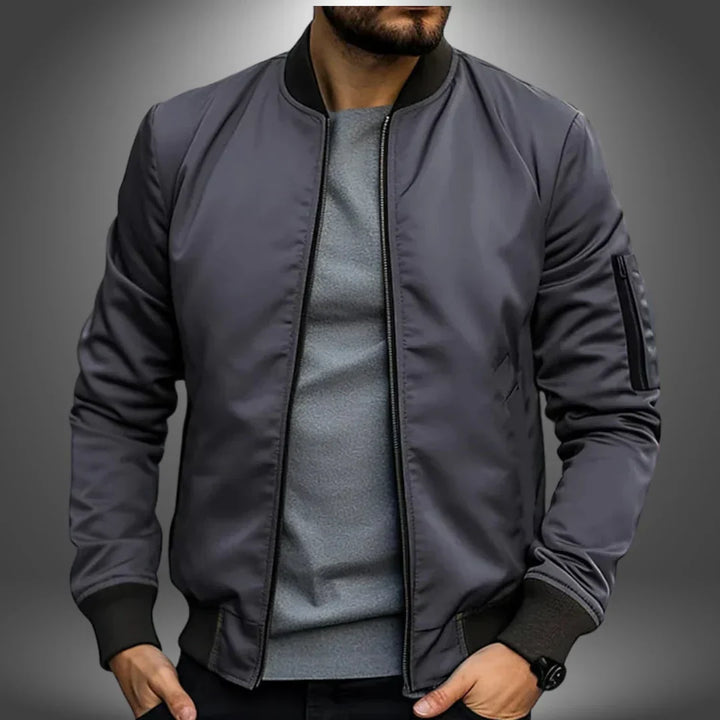 Modern men's bomber jacket with zipper, a slim-fit lightweight windbreaker for casual daily wear.