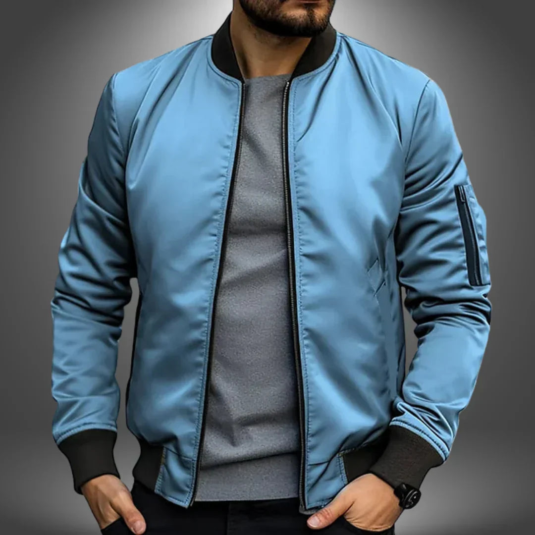 Transitional men's lightweight bomber jacket, a stylish casual windbreaker for all-day comfort.