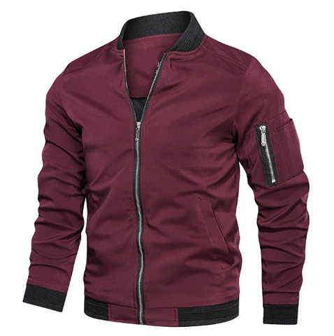 Close-up of a men's lightweight bomber jacket, showcasing its easy-care fabric and modern design.