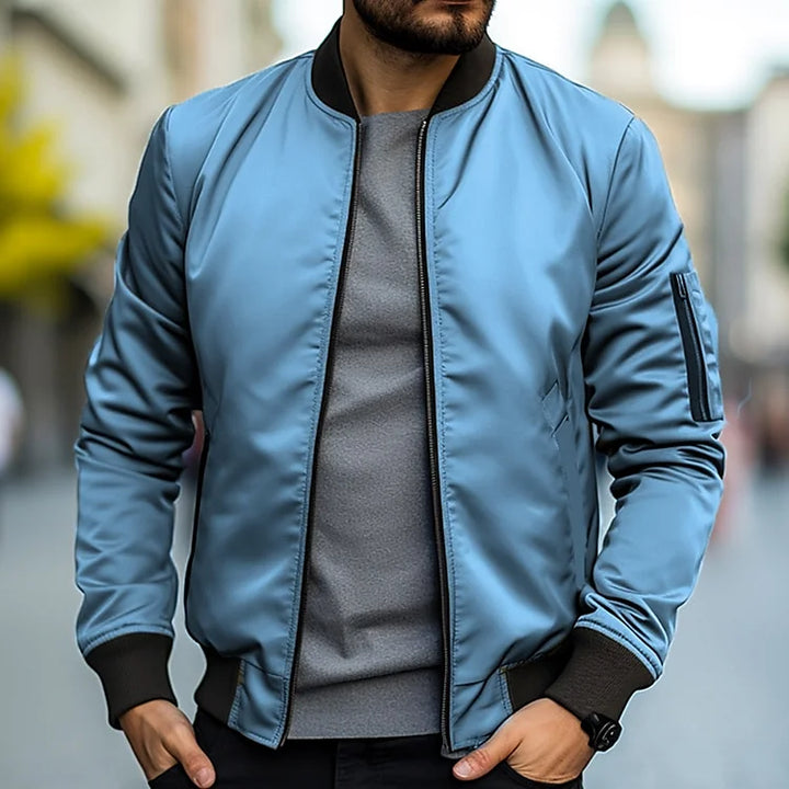Stylish men's lightweight bomber jacket with ribbed cuffs & collar. Ideal casual outerwear for spring & autumn.
