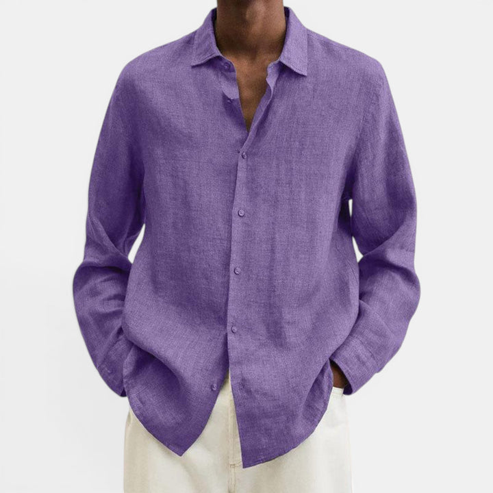 Breathable men's long sleeve button-up shirt, designed for maximum comfort in warm weather.