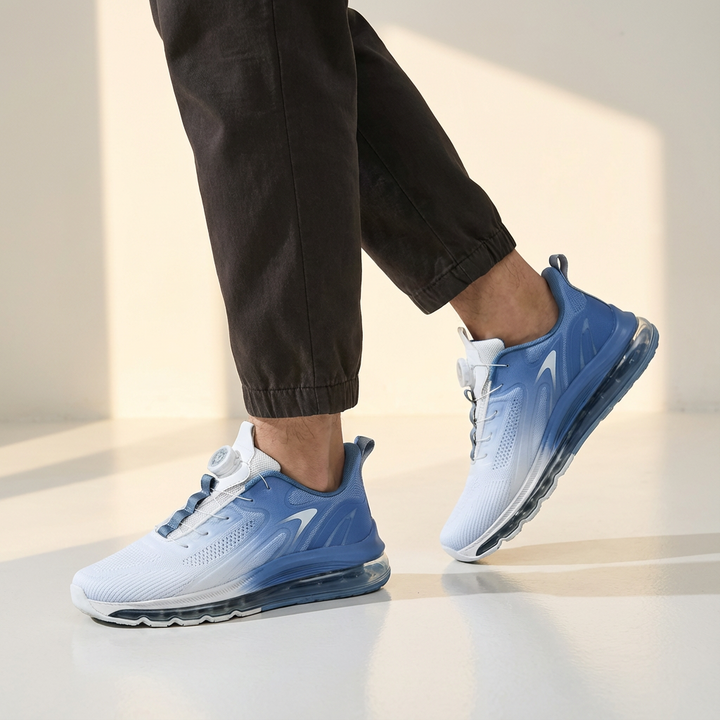 Close-up of men's athletic footwear showing breathable mesh and air cushion technology