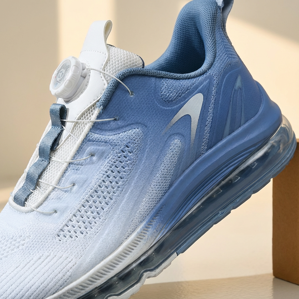 Front view of men's lace-up sports shoes, highlighting the breathable upper material