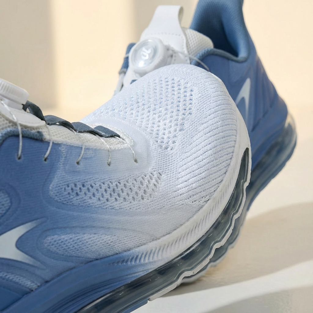 Action shot of men's air cushion sports shoes in use during a workout