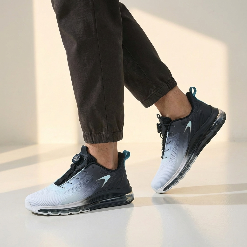 Detail of the air cushion sole on men's breathable sneakers, providing superior comfort