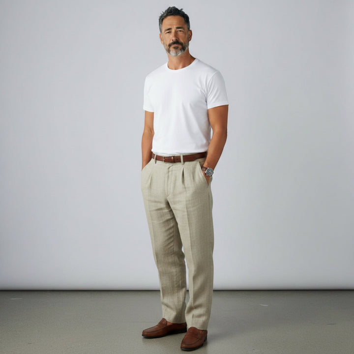 Sophisticated men's lightweight business casual trousers, great for summer, office, or elegant travel.