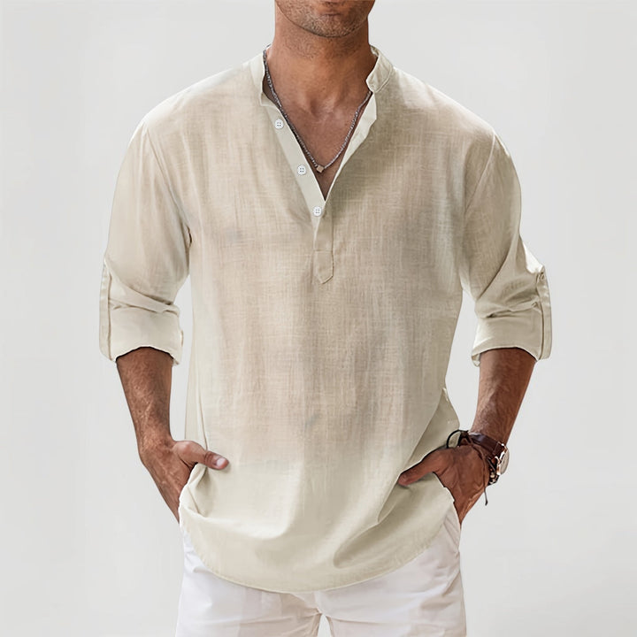 Men's lightweight casual Henley shirt for spring and summer. Comfortable, breathable, relaxed fit everyday wear.
