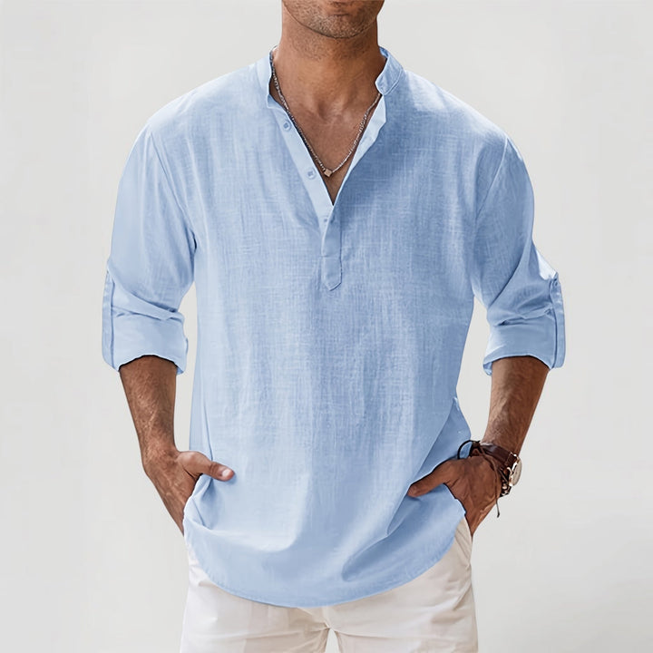 Comfortable men's short sleeve Henley shirt, lightweight & breathable for spring and summer casual outfits.