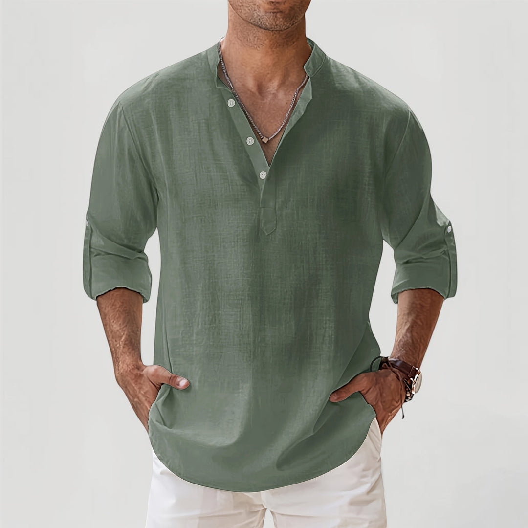 Stylish men's casual Henley shirt, lightweight & relaxed fit for warm weather spring and summer fashion.