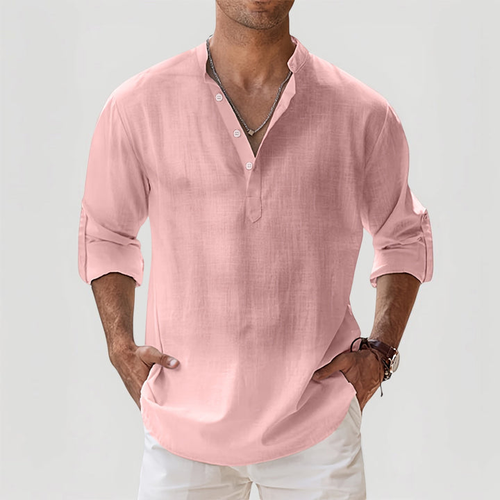 Breathable men's lightweight Henley shirt, perfect for spring & summer comfort and everyday casual style.