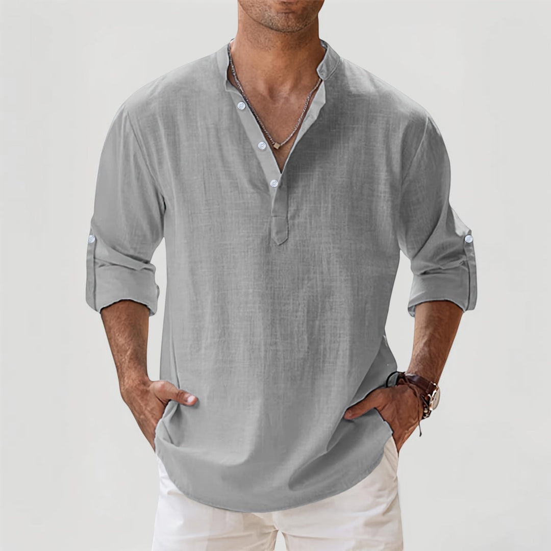 Men's short sleeve Henley shirt, ideal for lightweight spring & summer casual wear. Relaxed fit & breathable.