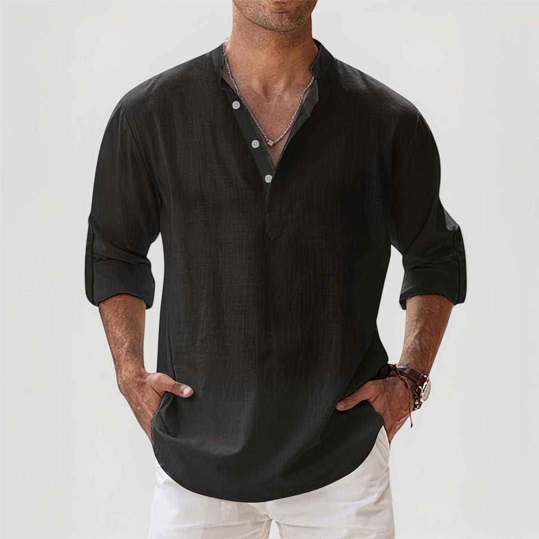 Lightweight men's casual Henley shirt for warm weather. Comfortable, breathable, and perfect for summer fashion.