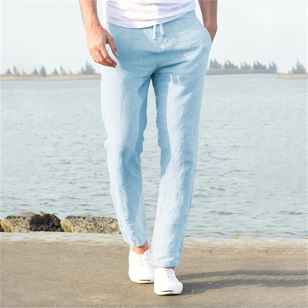 Man wearing stylish lightweight casual trousers, perfect for comfortable everyday men's fashion.
