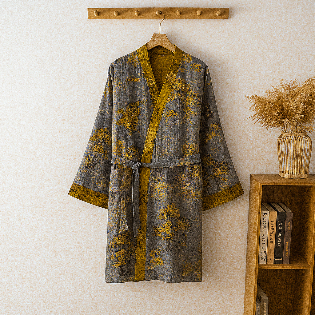 Stylish printed v-neck cotton kimono robe for men, ideal as a comfortable spring loungewear or home wear.