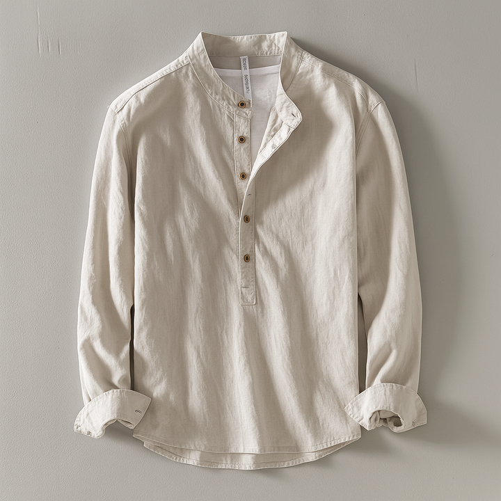 Men's lightweight cotton linen mandarin collar shirt for casual summer comfort and breathability.