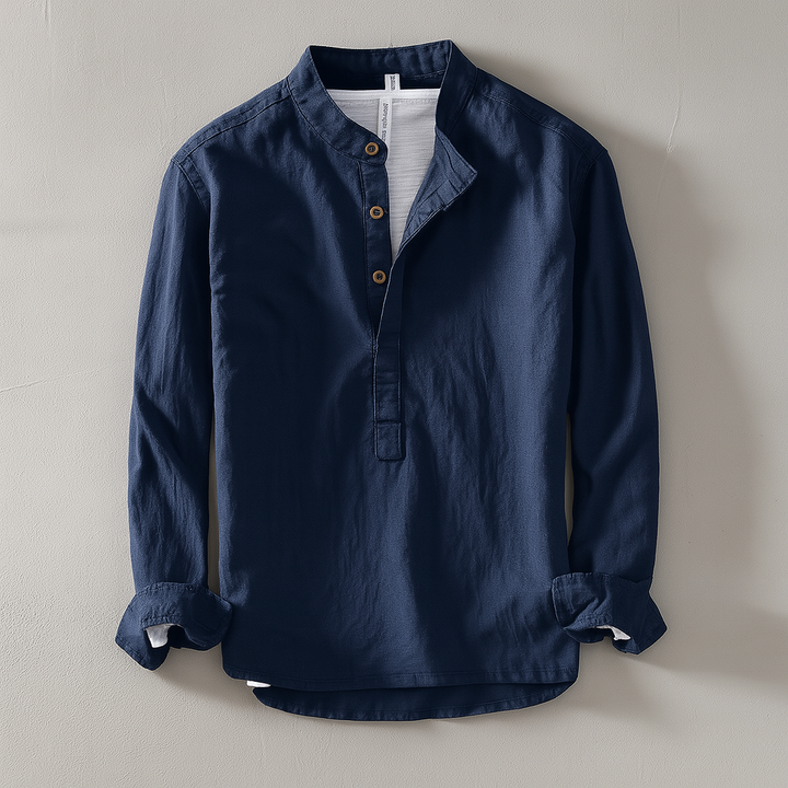 Modern men's long-sleeve mandarin collar shirt, breathable cotton linen, ideal for smart casual wear.