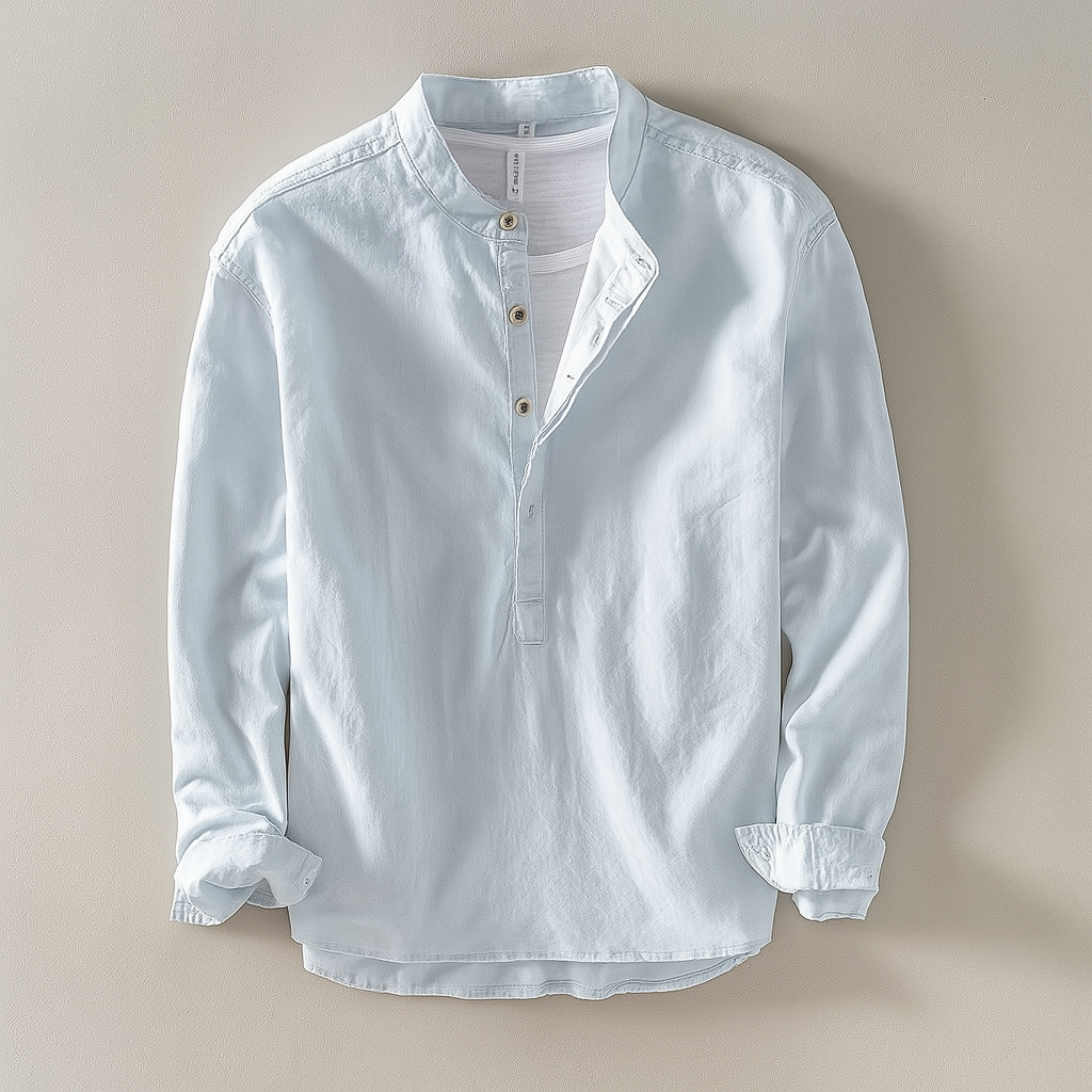 Versatile men's mandarin collar shirt, breathable cotton linen, perfect for smart casual or daily style.