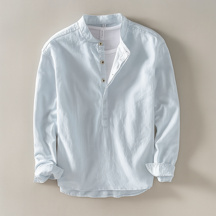 Versatile men's mandarin collar shirt, breathable cotton linen, perfect for smart casual or daily style.