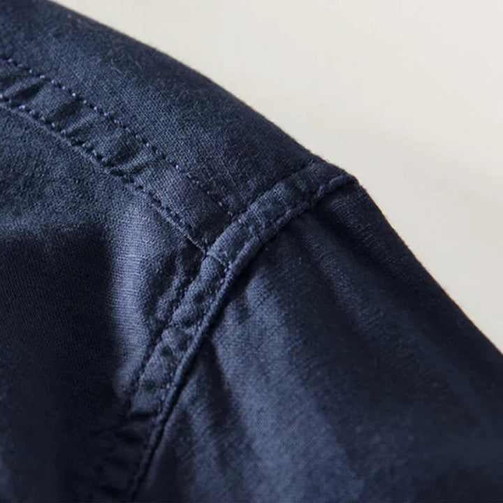 Lightweight men's cotton linen shirt, long sleeve mandarin collar, designed for a comfortable, relaxed fit.