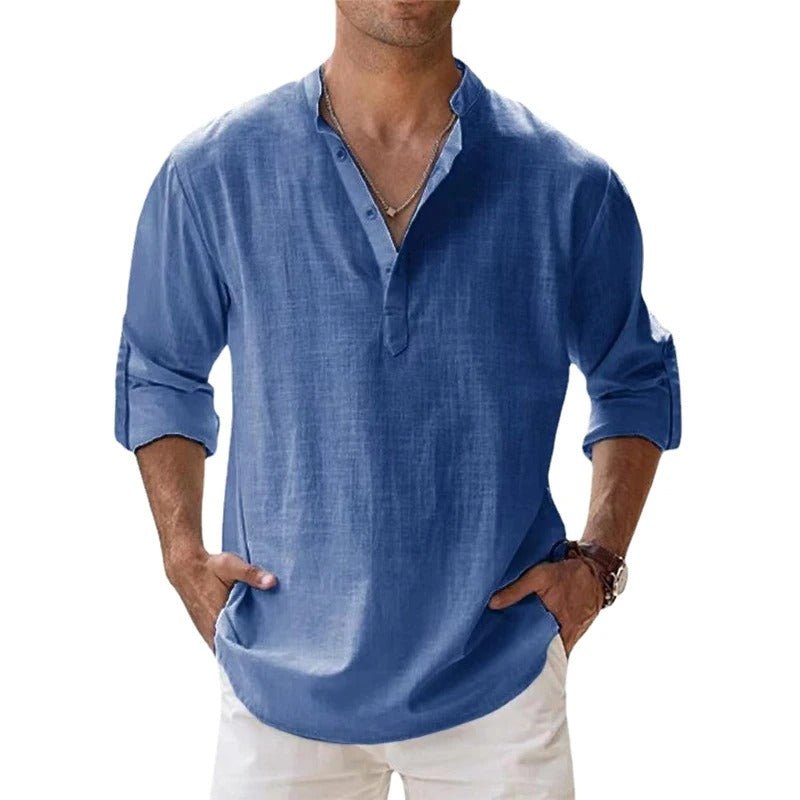 Men's lightweight cotton linen shirt in blue, perfect for summer casual wear.