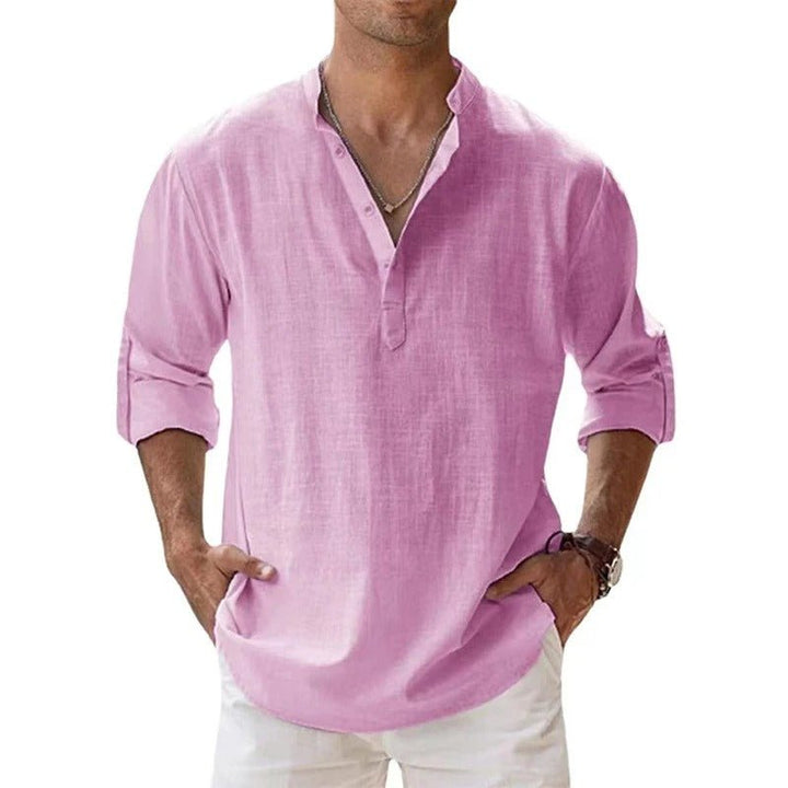 Close-up of the breathable fabric on a men's linen blend summer shirt.