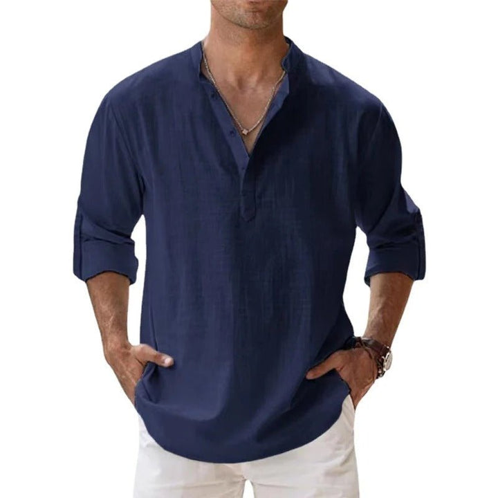Model wearing a men's casual linen shirt, showcasing a comfortable fit.
