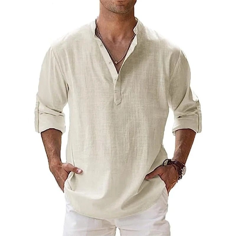 Stylish men's casual shirt made from a comfortable cotton-linen blend.