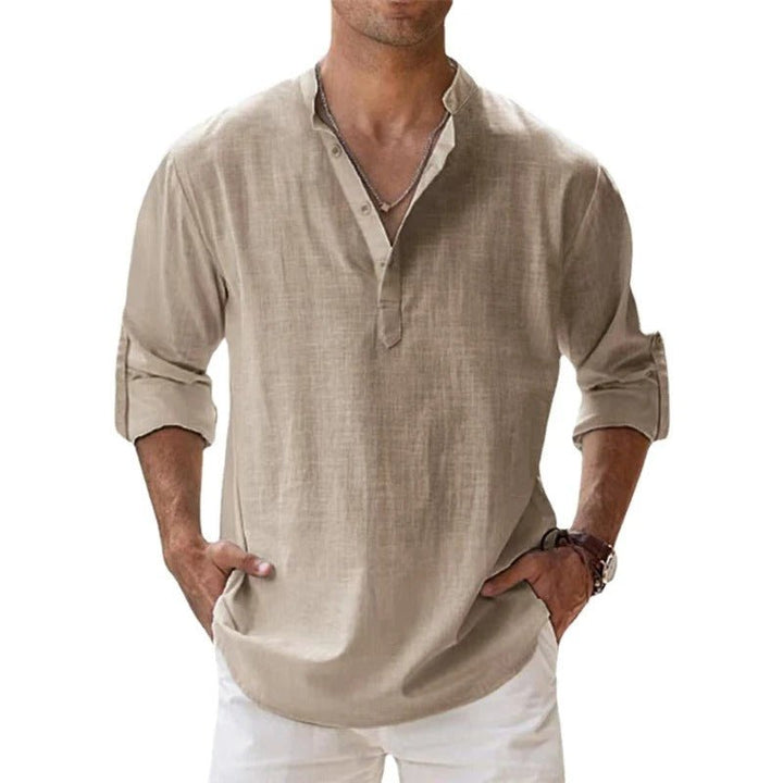 Back view of a men's breathable lightweight shirt for summer outings.