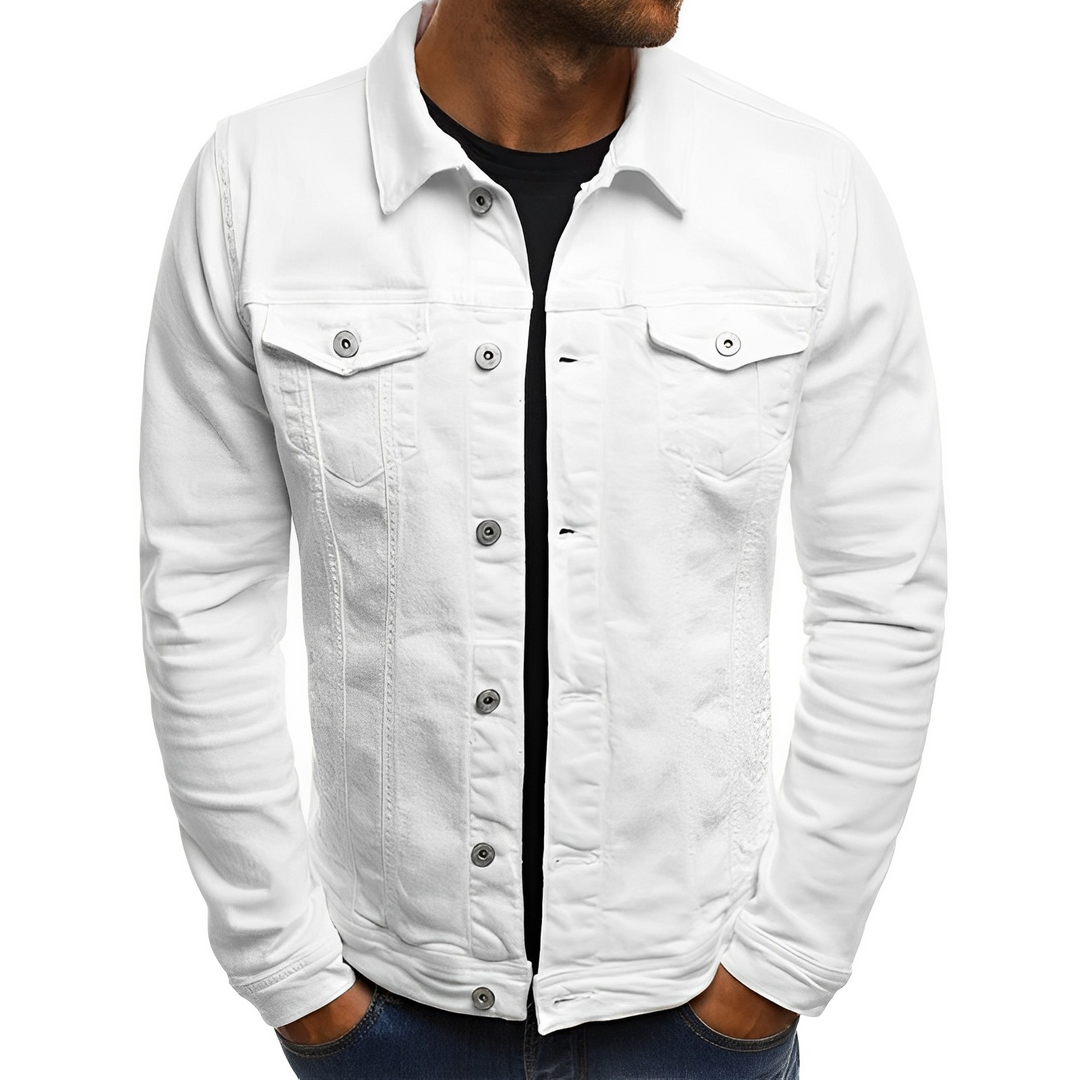 Stylish men's denim jacket, ideal lightweight outerwear for summer days & trendy casual fashion.