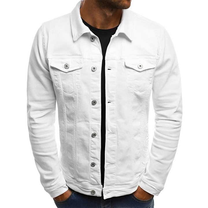 Stylish men's denim jacket, ideal lightweight outerwear for summer days & trendy casual fashion.