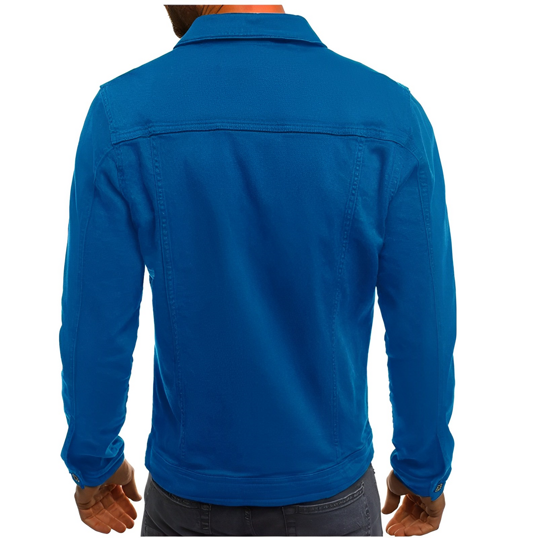 Modern men's denim summer jacket, designed for warm days with a comfortable, lightweight feel.