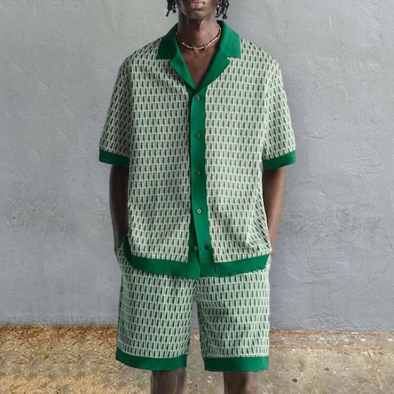 Men's lightweight green t-shirt & shorts matching set, comfortable summer casual loungewear outfit.